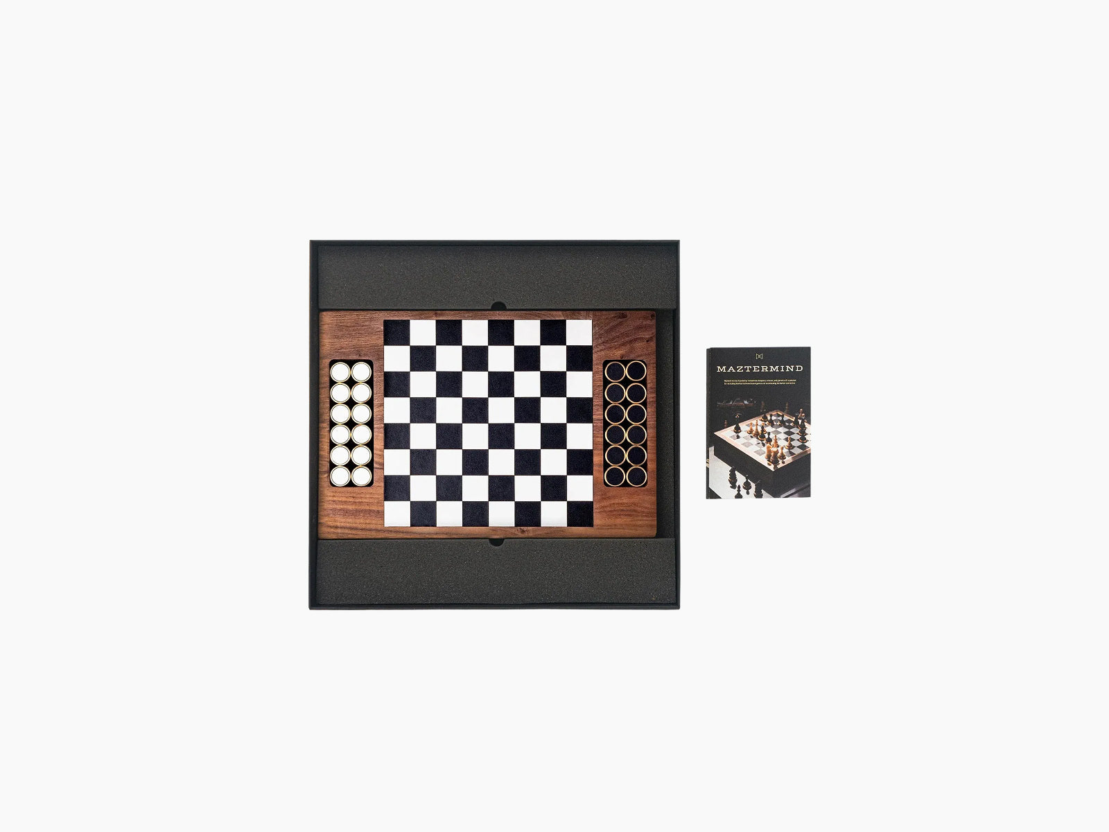 Deluxe magnetic wooden checker set in a black presentation box with foam padding and an instruction booklet.