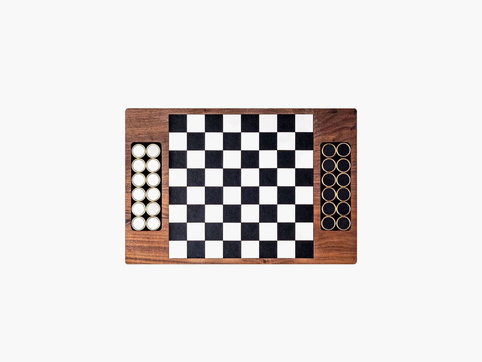 Walnut Maztermind Signature Collection deluxe magnetic checkerboard with white and black tokens stored in side compartments.