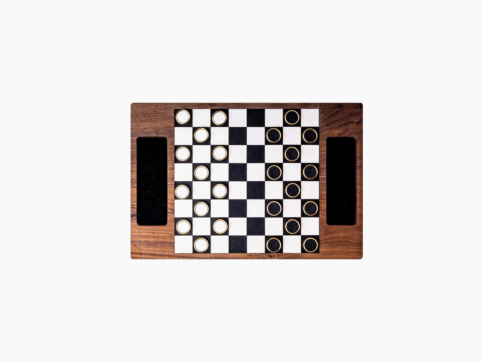 Walnut wood checker board with white and black magnetic pieces arranged on the board and side storage slots.