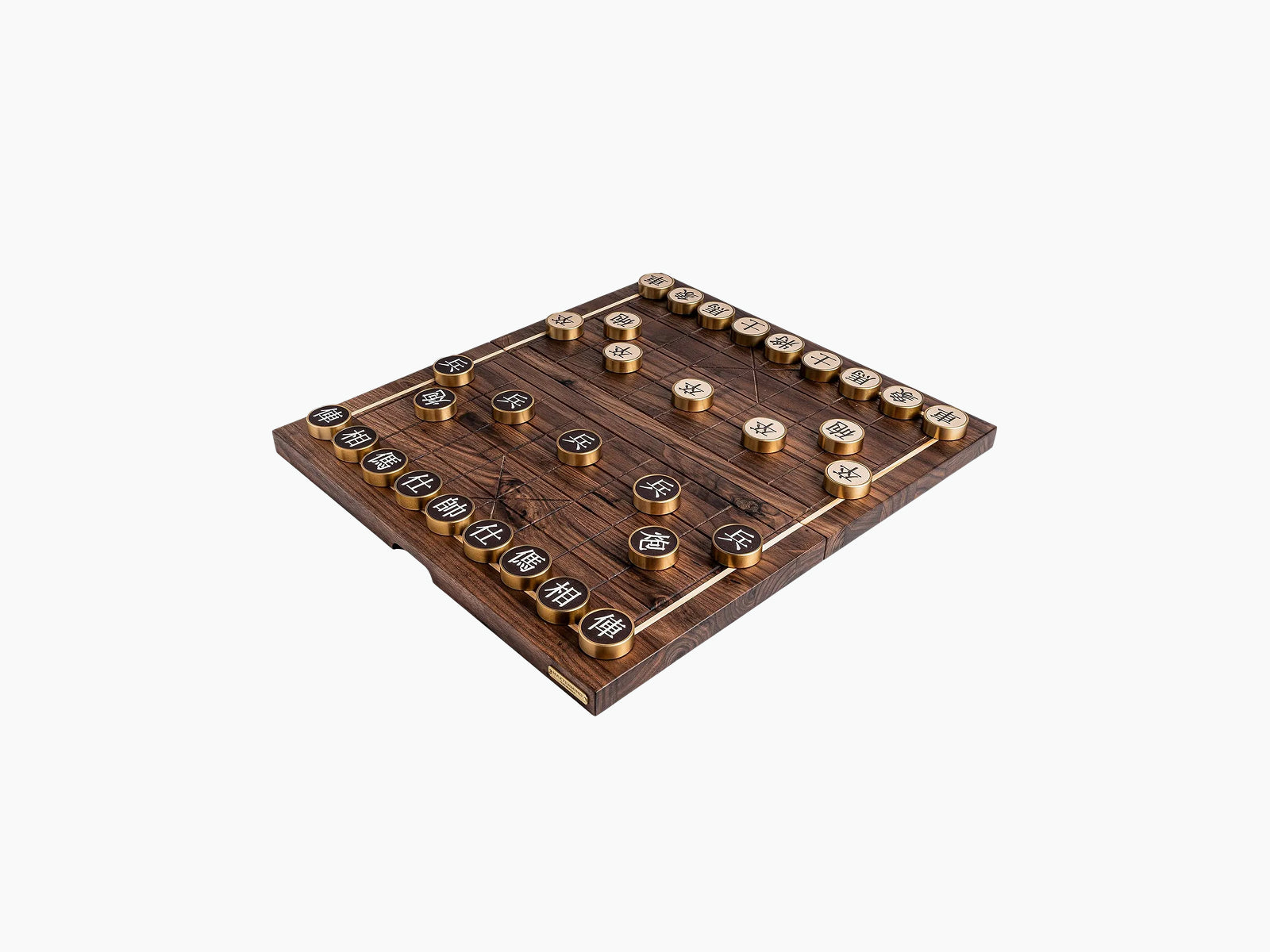 Compact Chinese chess set with walnut board and bronze pieces arranged for play