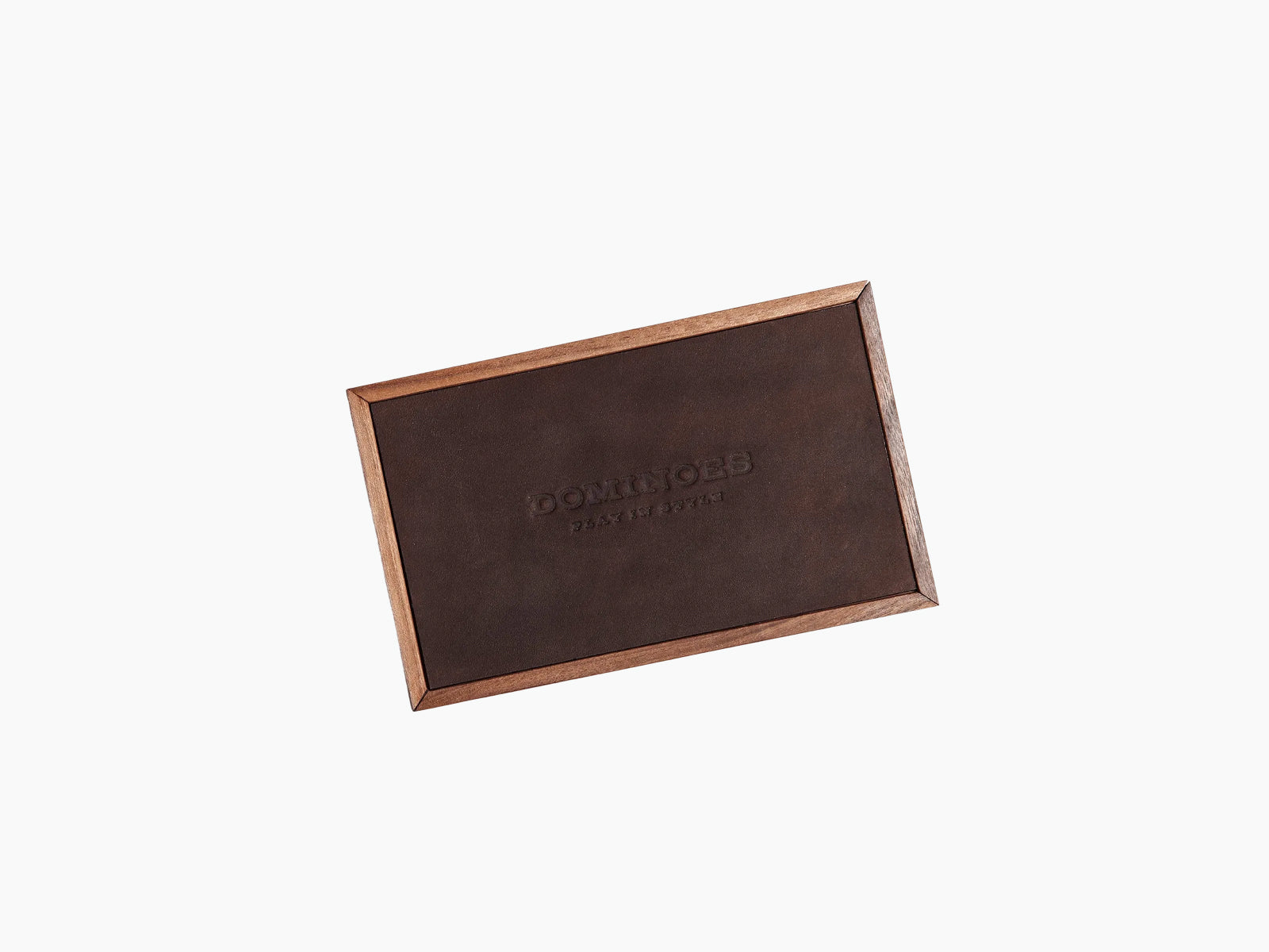 Walnut wood dominoes storage box with a dark leather panel lid