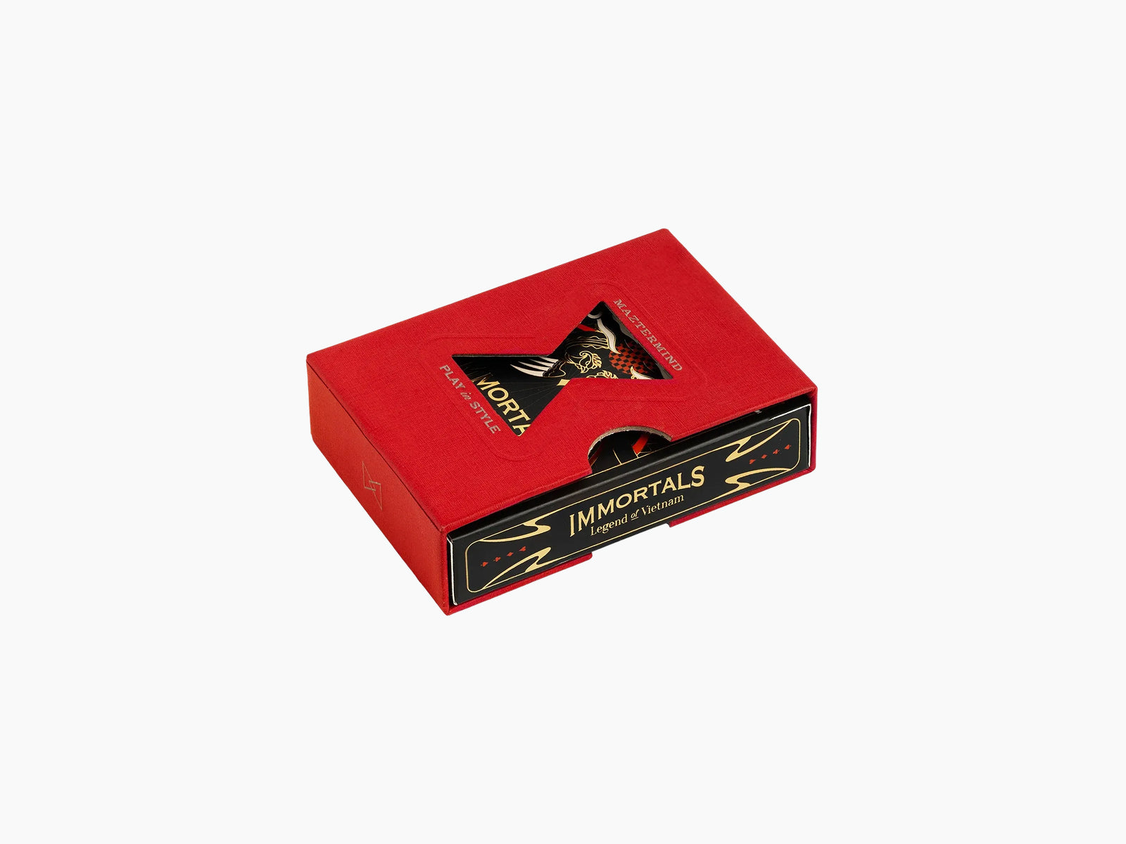Red Immortals playing cards box with a triangular window and gold black artwork