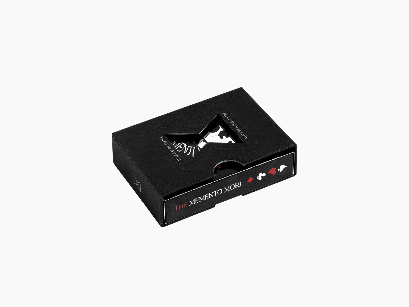 Black Memento Mori playing cards box with a triangular window revealing the deck inside