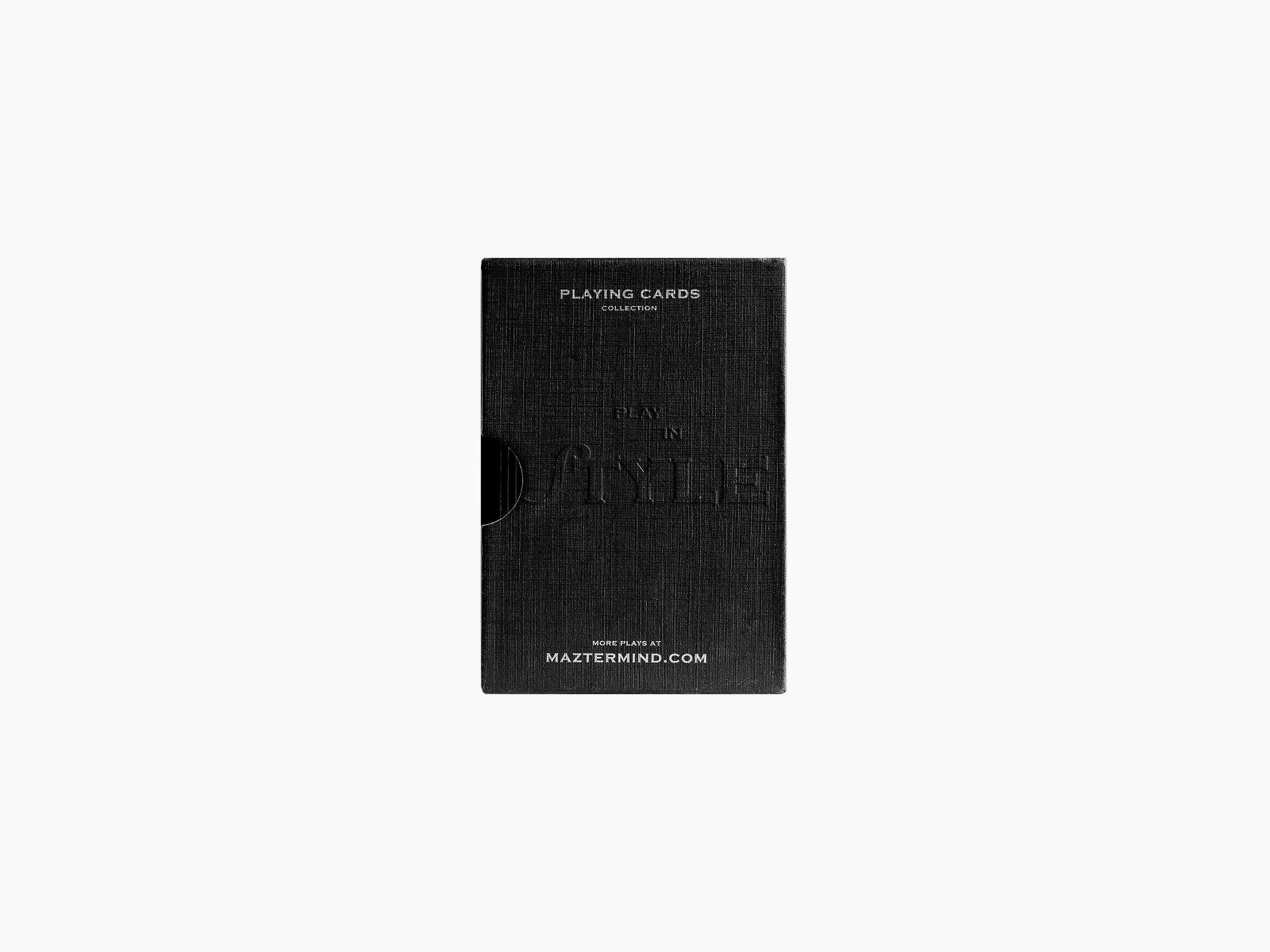 Tall black Memento Mori playing cards box with linen texture and white typography on the front