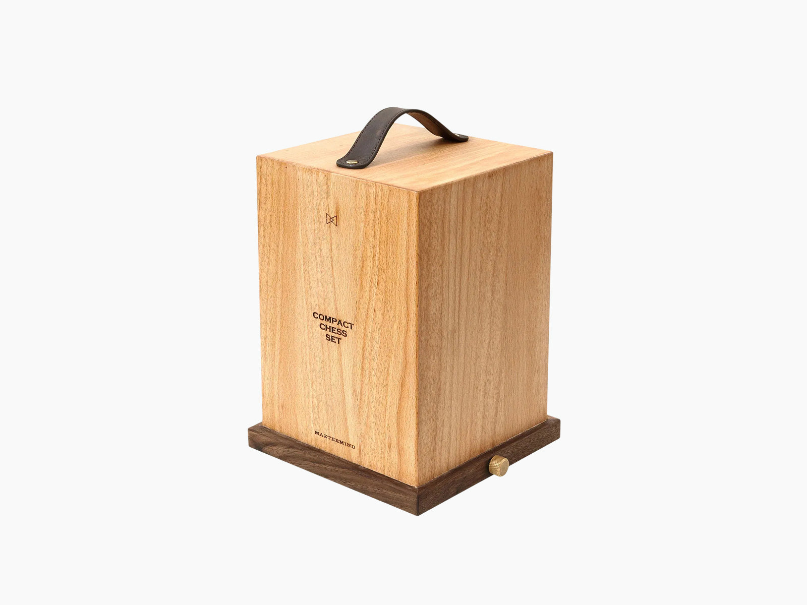 Tall light wood storage box with leather handle for Nomad compact chess set.