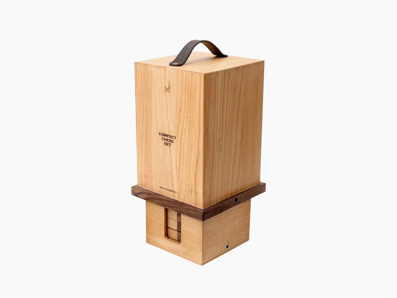 Handcrafted walnut and beech chess set in a compact wooden case with a leather handle