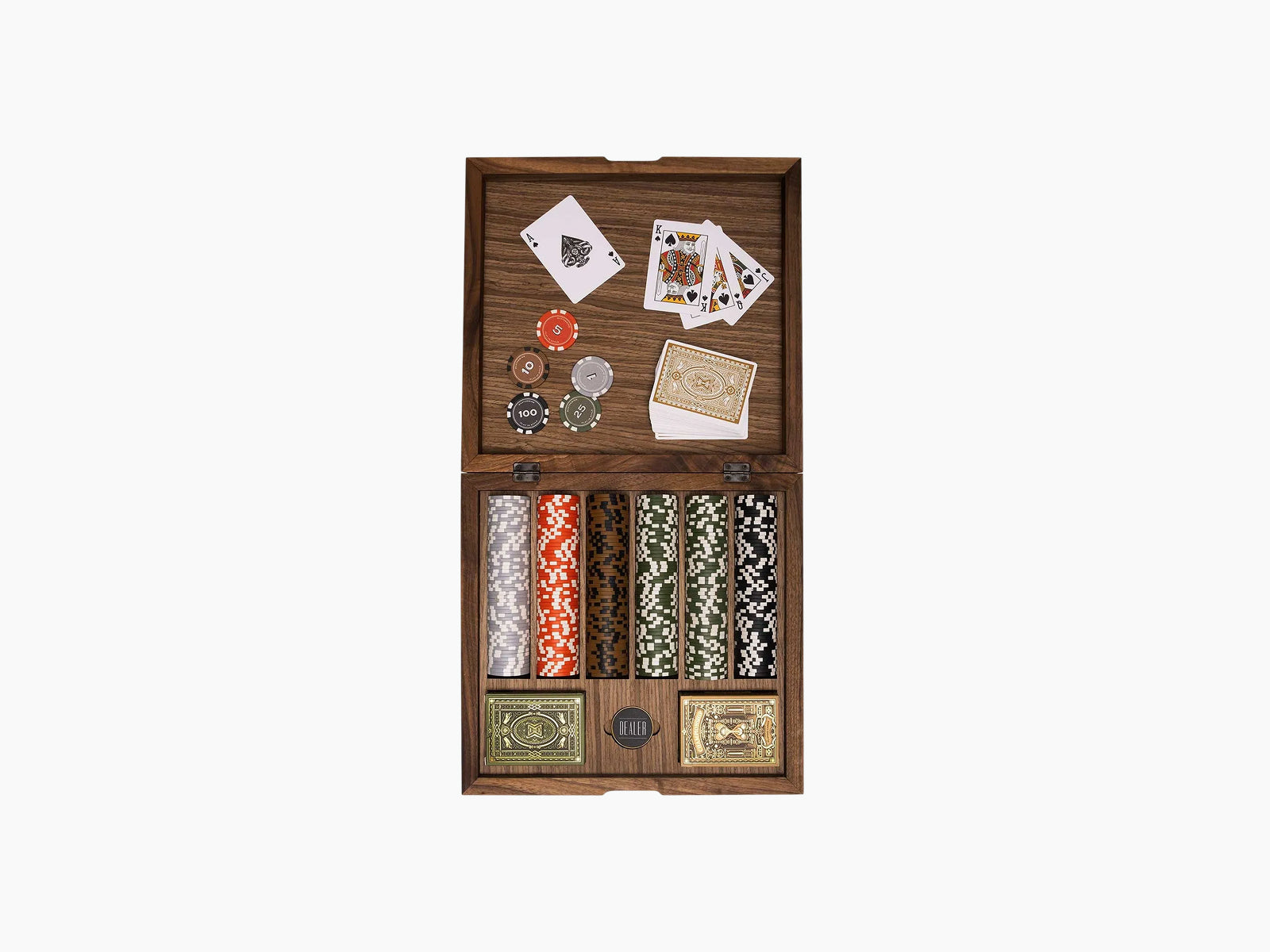 Bowtie Poker Chip Set in an open walnut wood box with colorful chips and two decks of cards