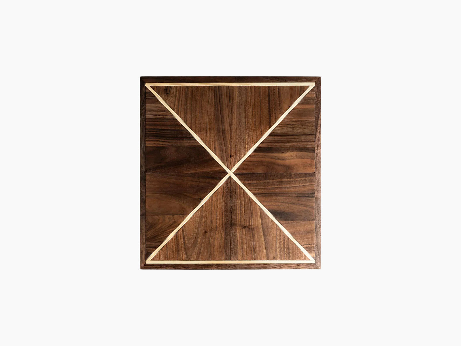 Top lid of Bowtie Poker Chip Set in walnut wood with a pale X shaped inlay