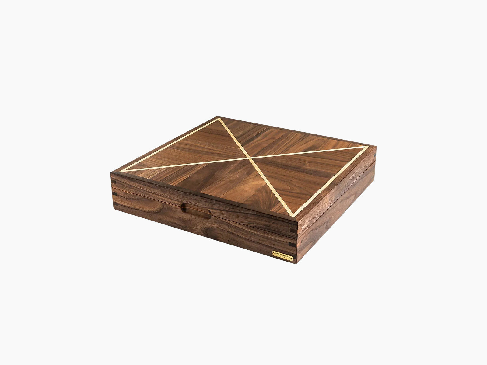 Walnut Bowtie Poker Chip Set case with light geometric lid inlay