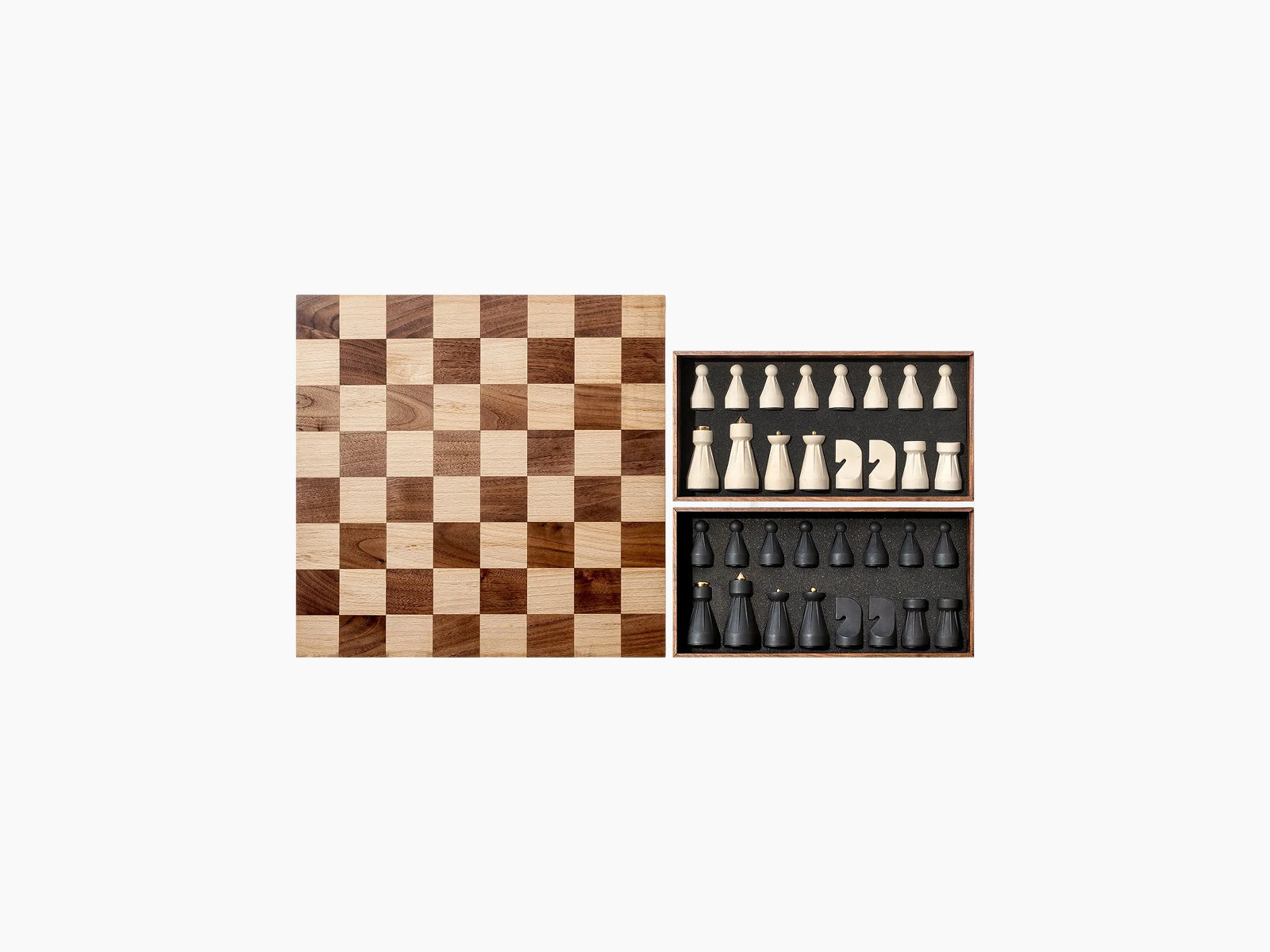 The Regal Chess Set shown with a natural wood checkered board and a two-tier wooden box housing ivory and black pieces