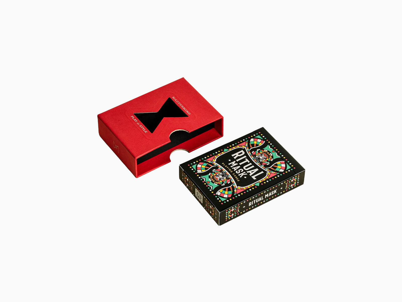 Ritual Masks playing cards shown with a black deck box featuring colorful mask artwork and a red storage box
