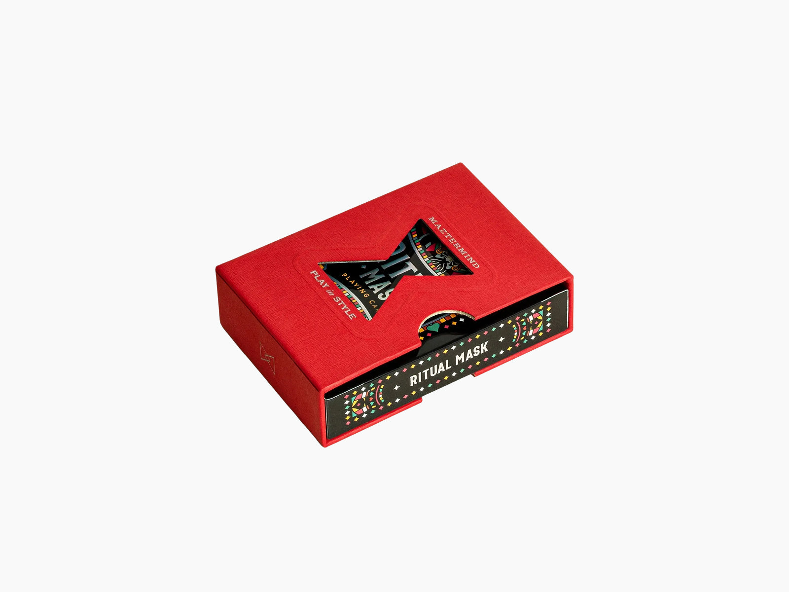 Red Ritual Masks playing cards tuck box with a decorative cutout window and colorful mask artwork.