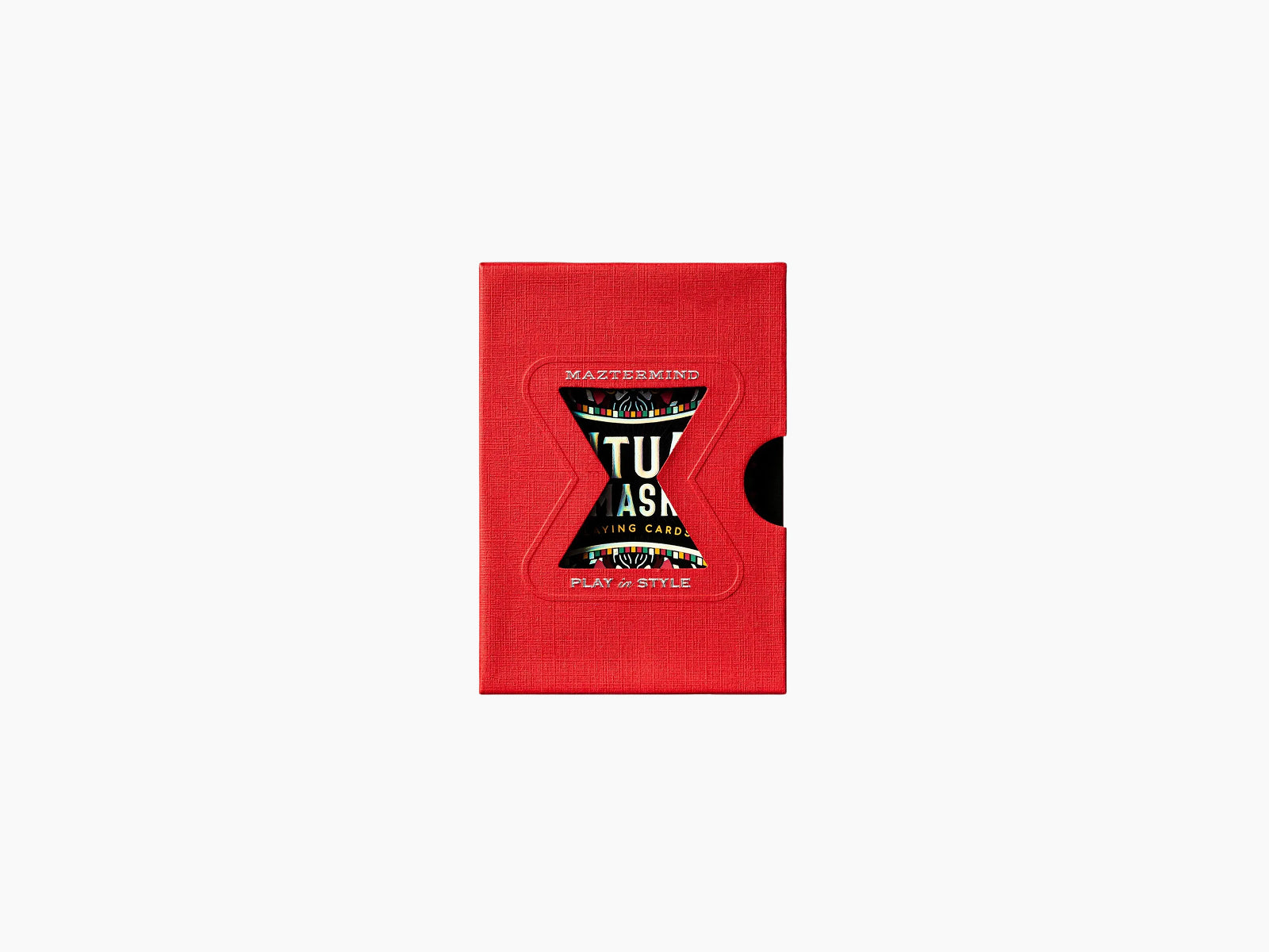 Red Ritual Masks playing cards box shown upright with a cutout window and festive mask design on the front.