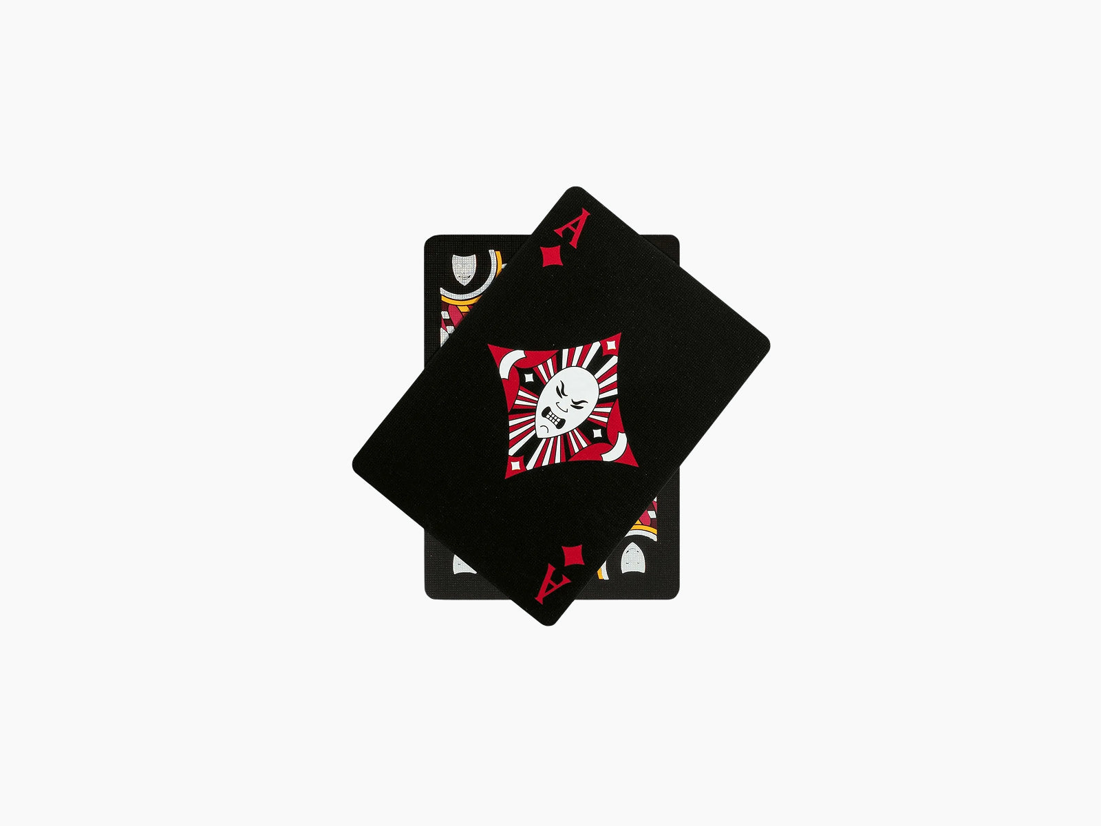 Five black Ritual Masks playing cards fanned open with red heart pips and a bold central mask motif