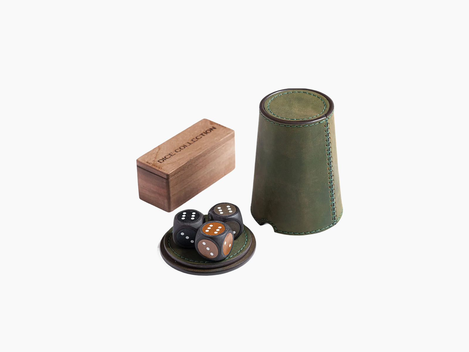 Green leather Dice Shaker Cup Set with a wooden dice box and assorted dice on a round tray