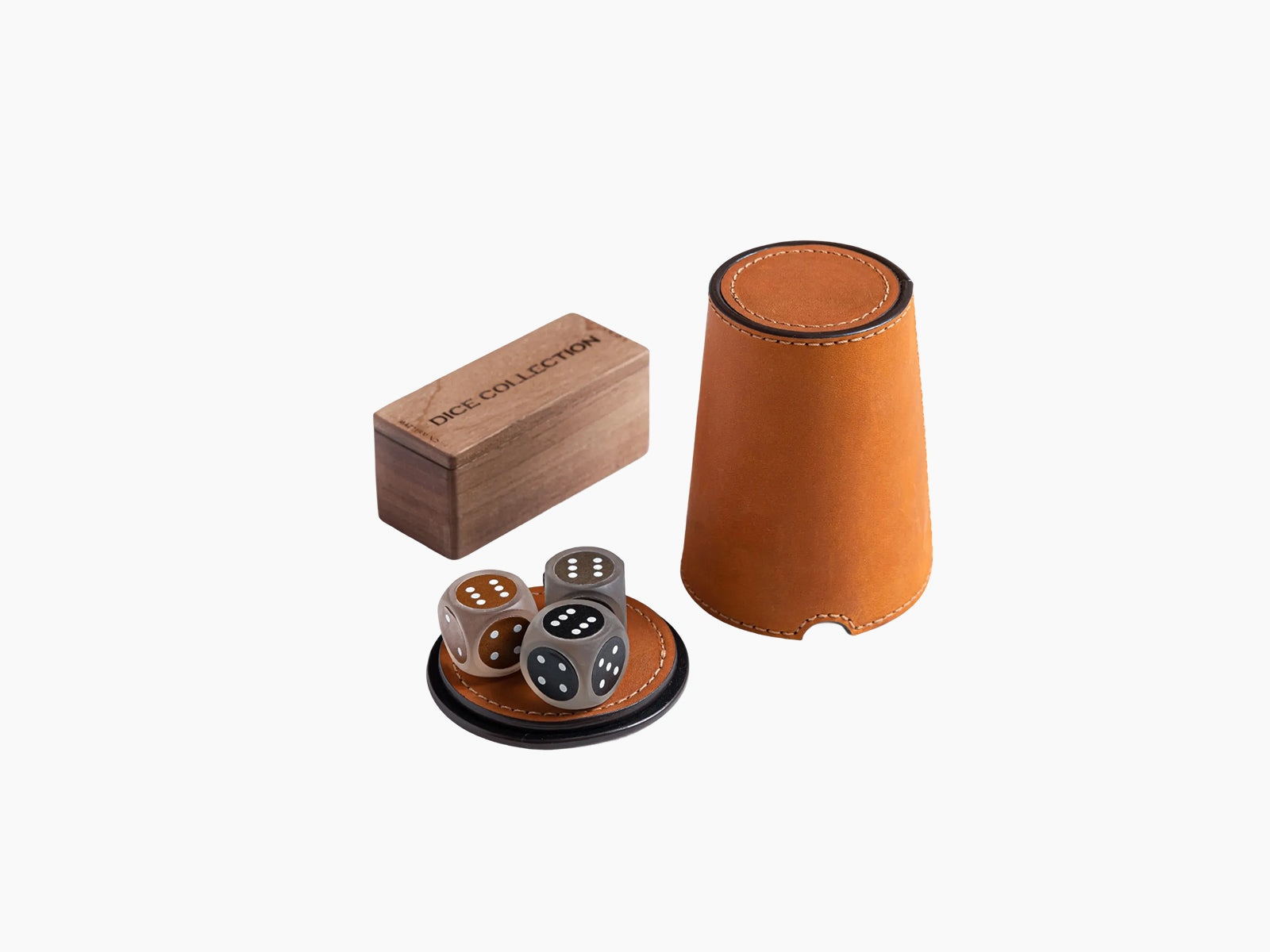 Tan leather dice shaker cone with a green cup and wooden DICE COLLECTION box.