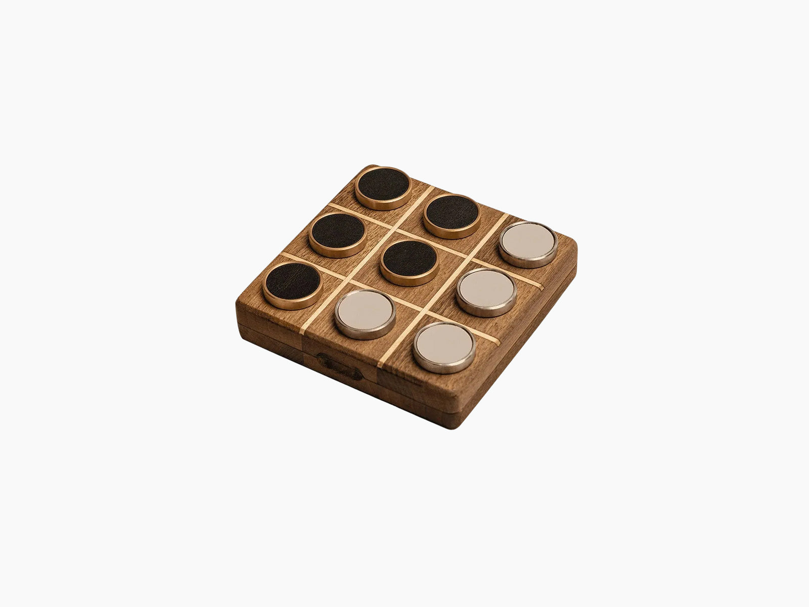 Handcrafted walnut and pine Tic Tac Toe board with leather trim and metal accents, shown in box form.