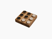 Handcrafted walnut and pine Tic Tac Toe board with leather trim and metal accents, shown in box form.