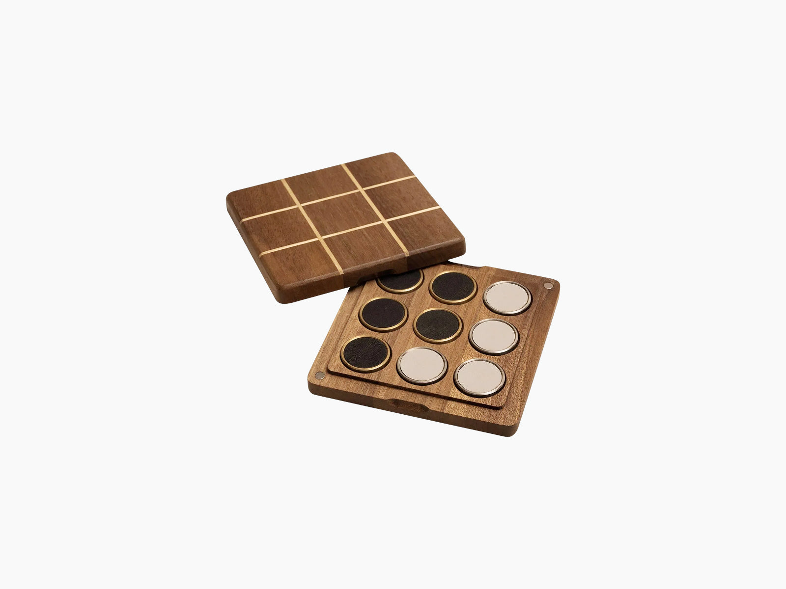 Open walnut Tic Tac Toe board with nine round tokens in black and silver on a wood grid