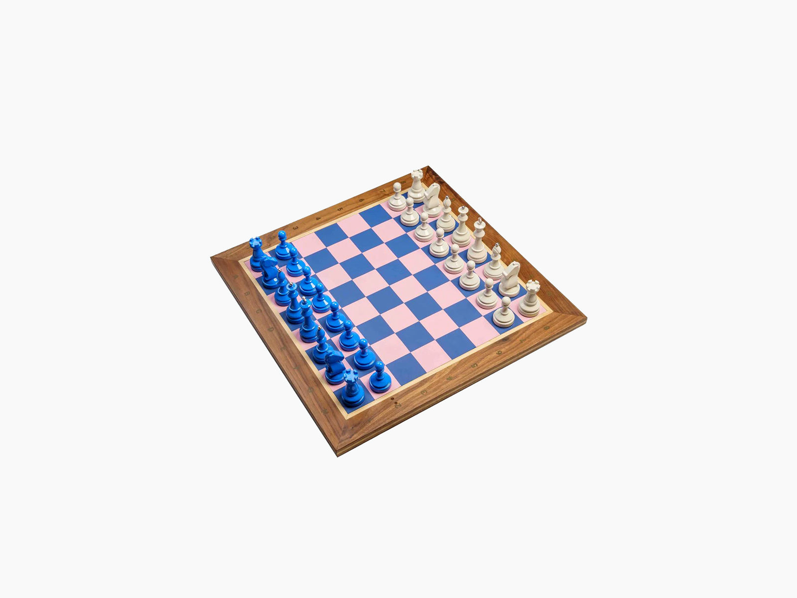 Bespoke Tournament Chess Set on a wooden frame board with pink and blue squares, blue and white pieces arranged for play.