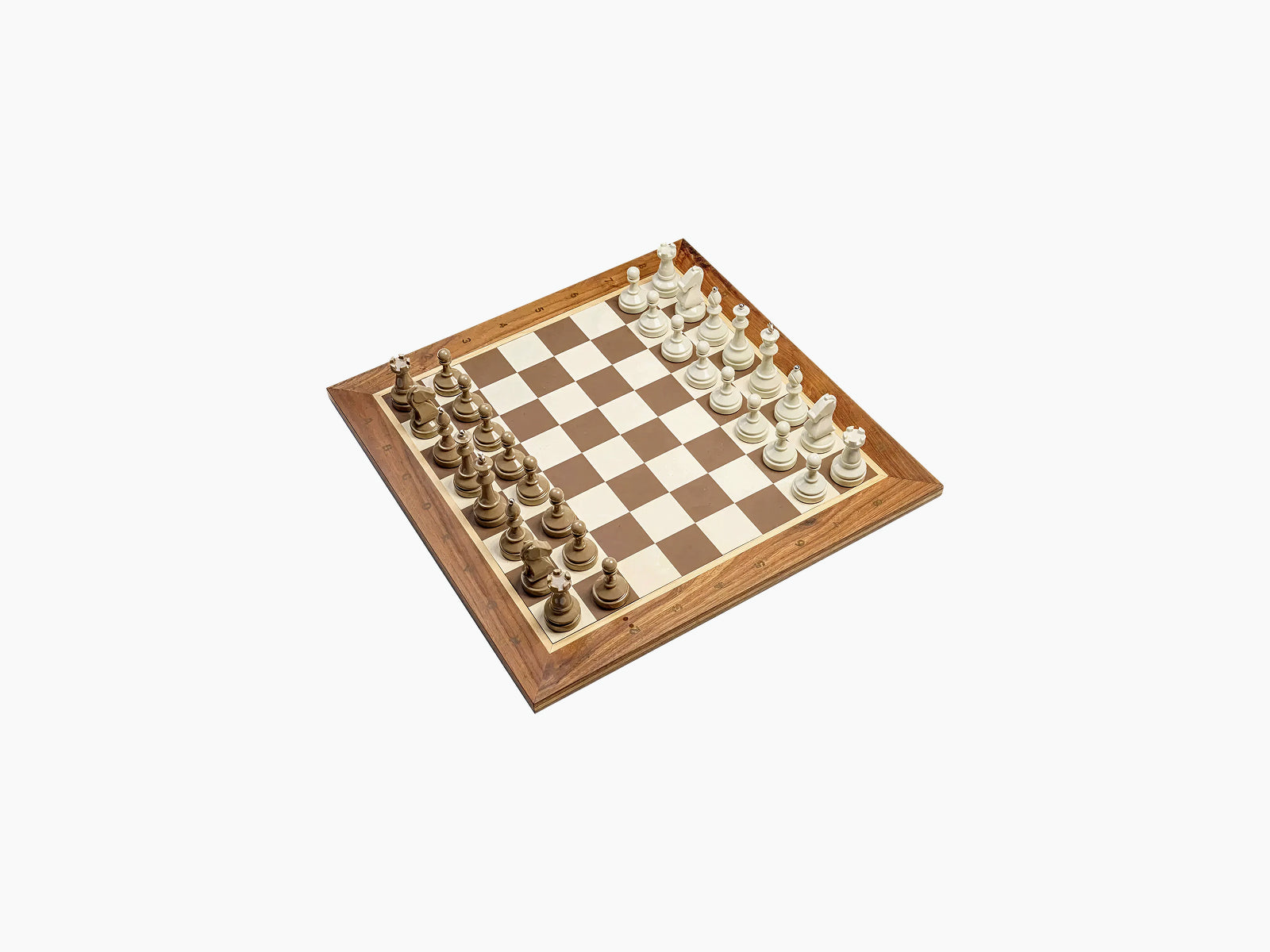 Bespoke Tournament Chess Set on a warm wooden frame with brown and cream pieces in starting position