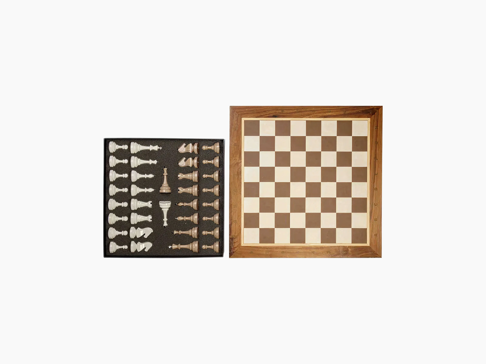 White and tan pieces in a foam case paired with a natural wood framed brown and cream chessboard.