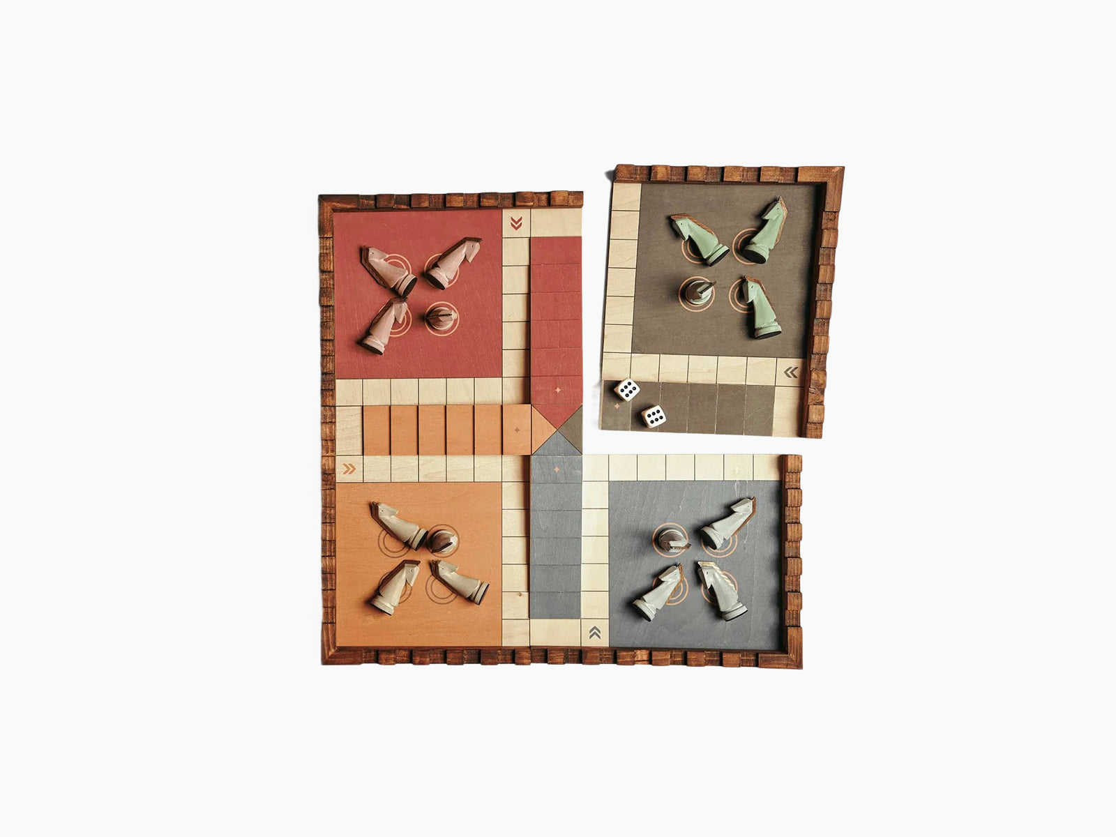 Wooden Trojan Horse Race board laid out in four colored quadrants with game pieces and dice