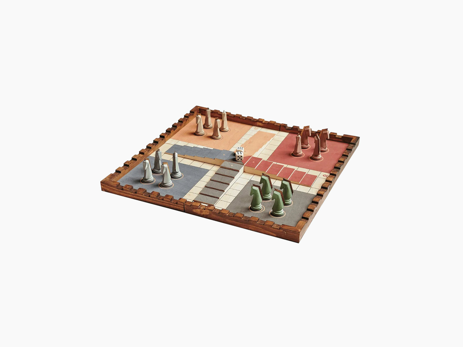Trojan Horse Race Ludo board in pine with a fortress style surround and earth toned cement and green game pieces