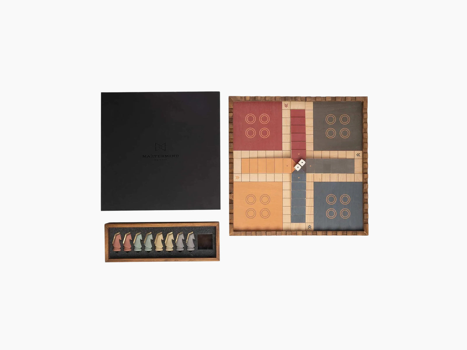 Trojan Horse Race Ludo set shows a black lid box with a separate tray of pastel cement horses beside the boxed game board