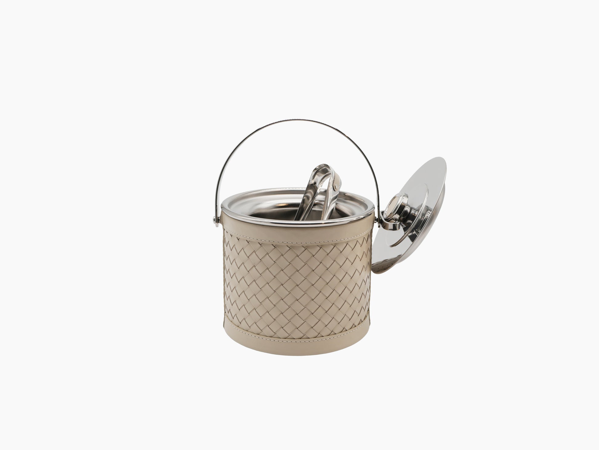 Beige Menfi Handwoven Ice Bucket with lid open, showing the polished metal interior and included tongs.