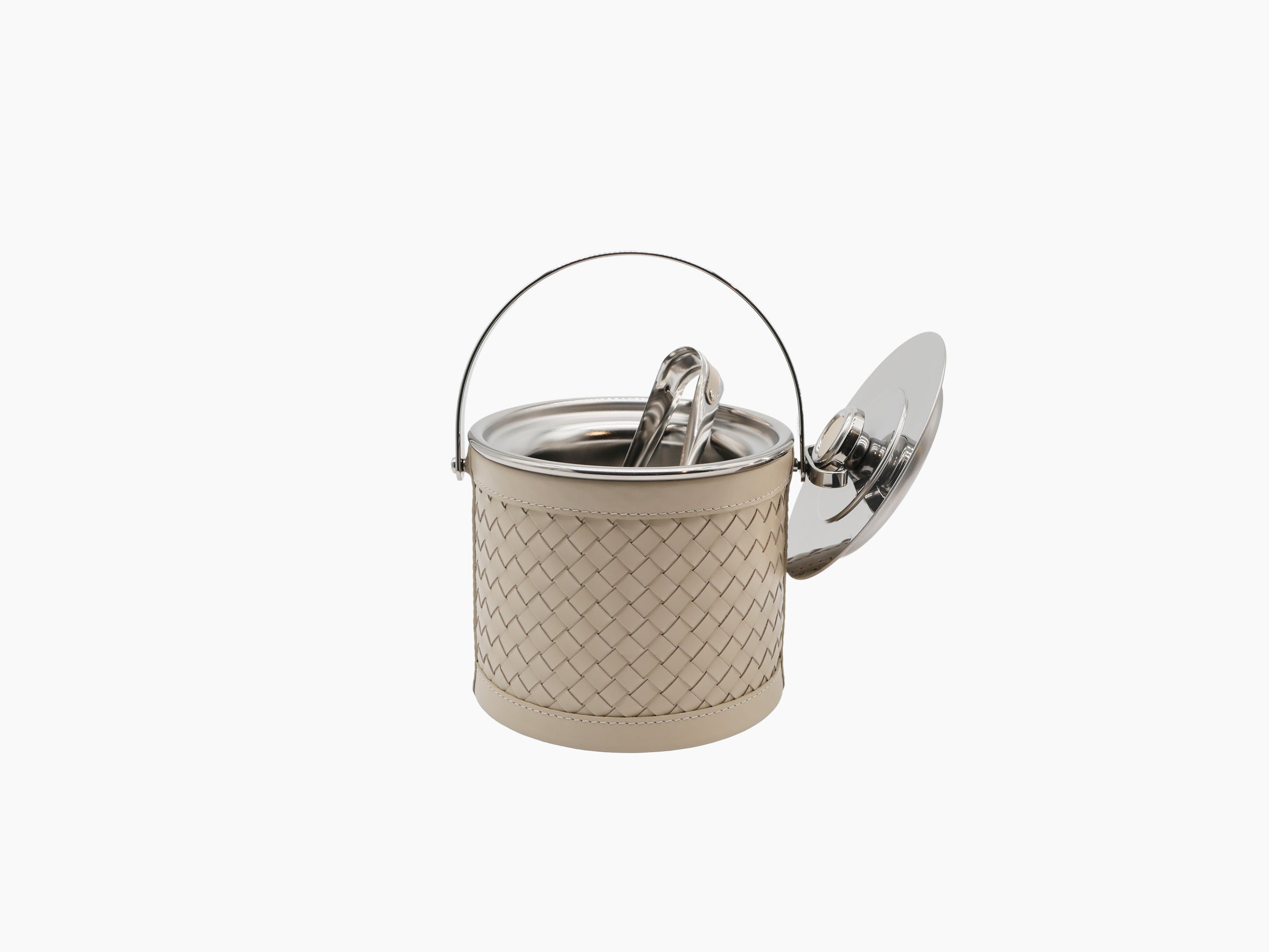 Beige Menfi Handwoven Ice Bucket with lid open, showing the polished metal interior and included tongs.