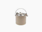 Beige Menfi Handwoven Ice Bucket with woven leather body, chrome lid, and curved handle with tongs.