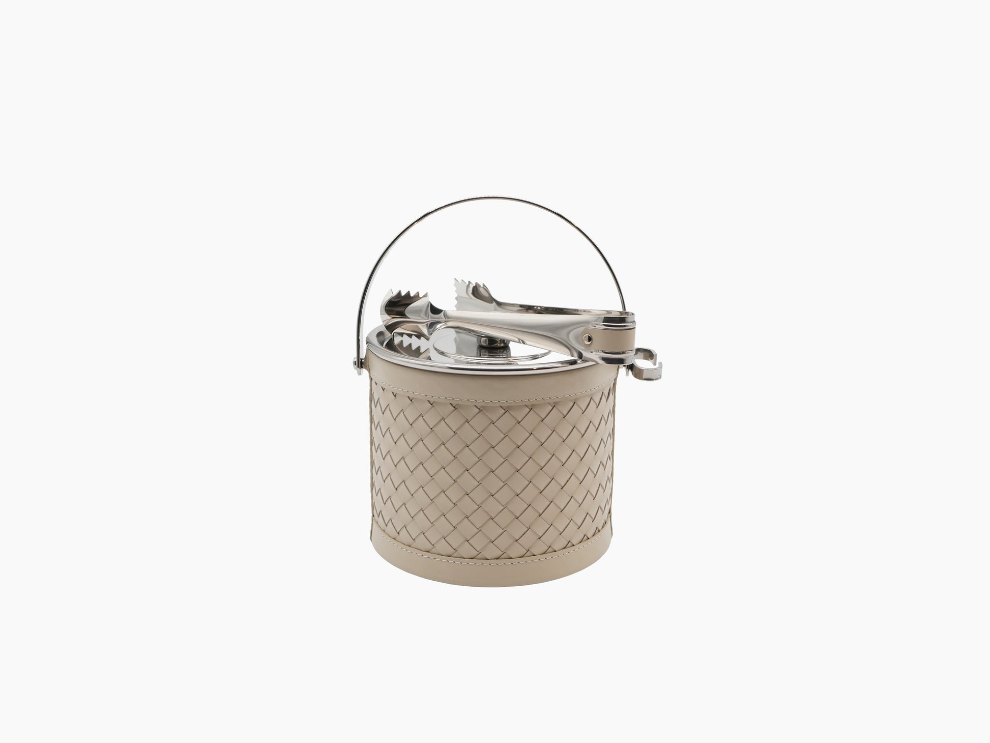 Beige Menfi Handwoven Ice Bucket with woven leather body, chrome lid, and curved handle with tongs.