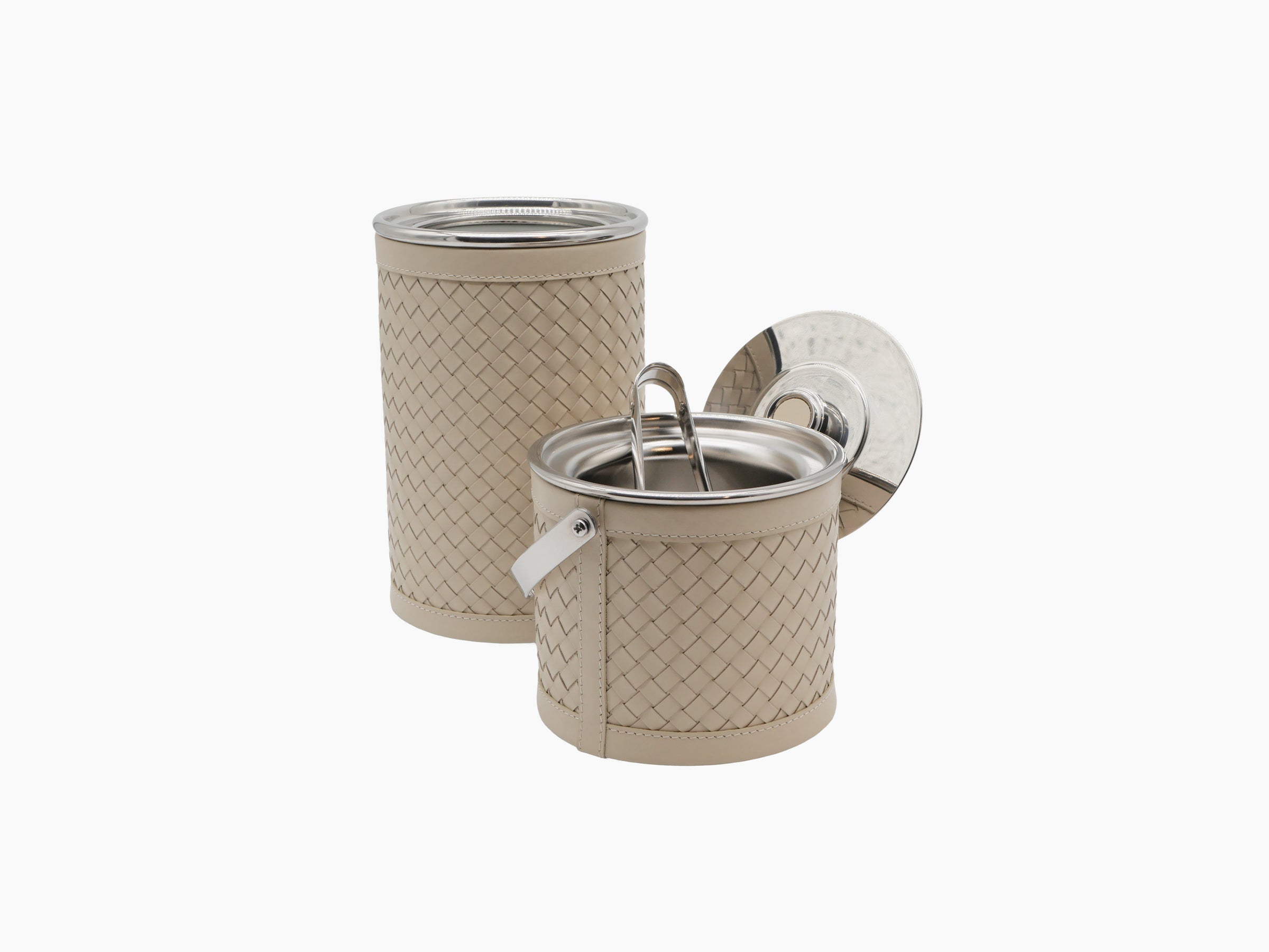 Beige handwoven Menfi Bar Set pieces featuring a tall ice bucket and a smaller bottle cooler with tongs.