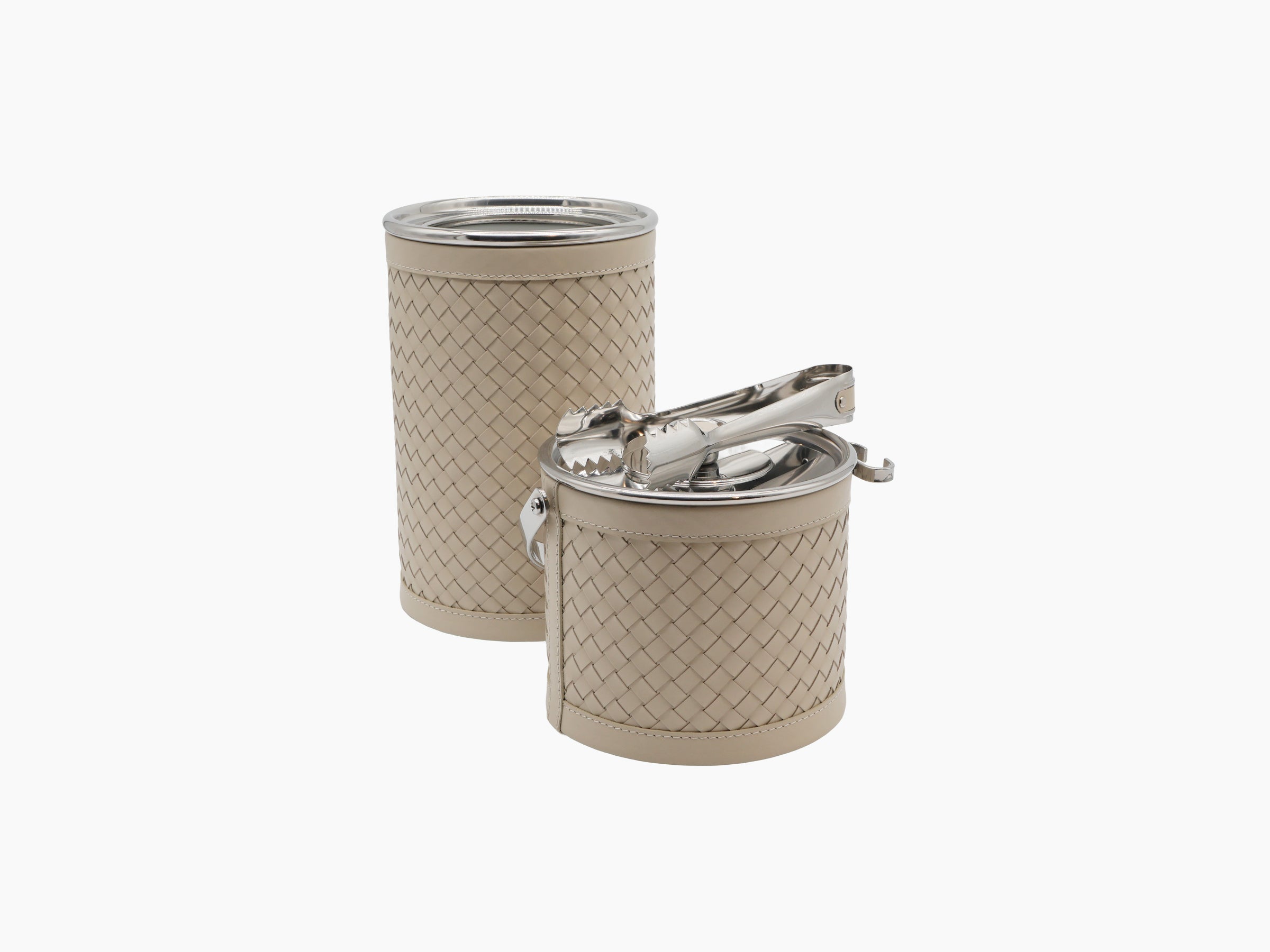 Menfi Handwoven Bar Set with a stainless steel ice bucket, tongs, and a bottle cooler wrapped in beige leather.