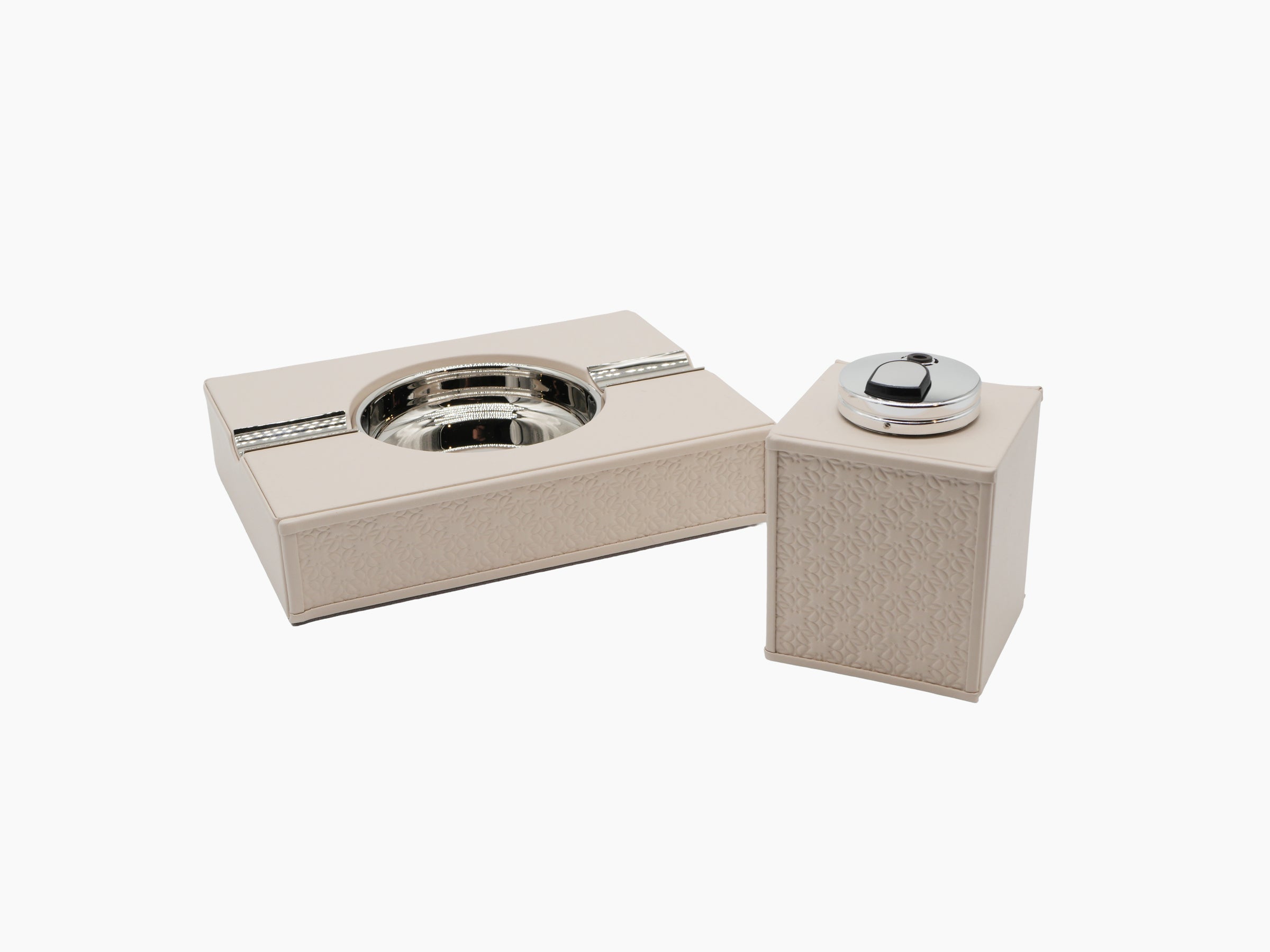 Beige embossed Monogram Table Set with a rectangular ashtray section and a separate lighter cube.