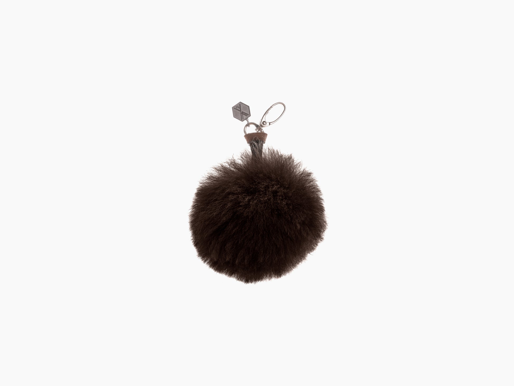 Dark brown fluffy Pompom CLAVE keychain with metal ring and hex charm.