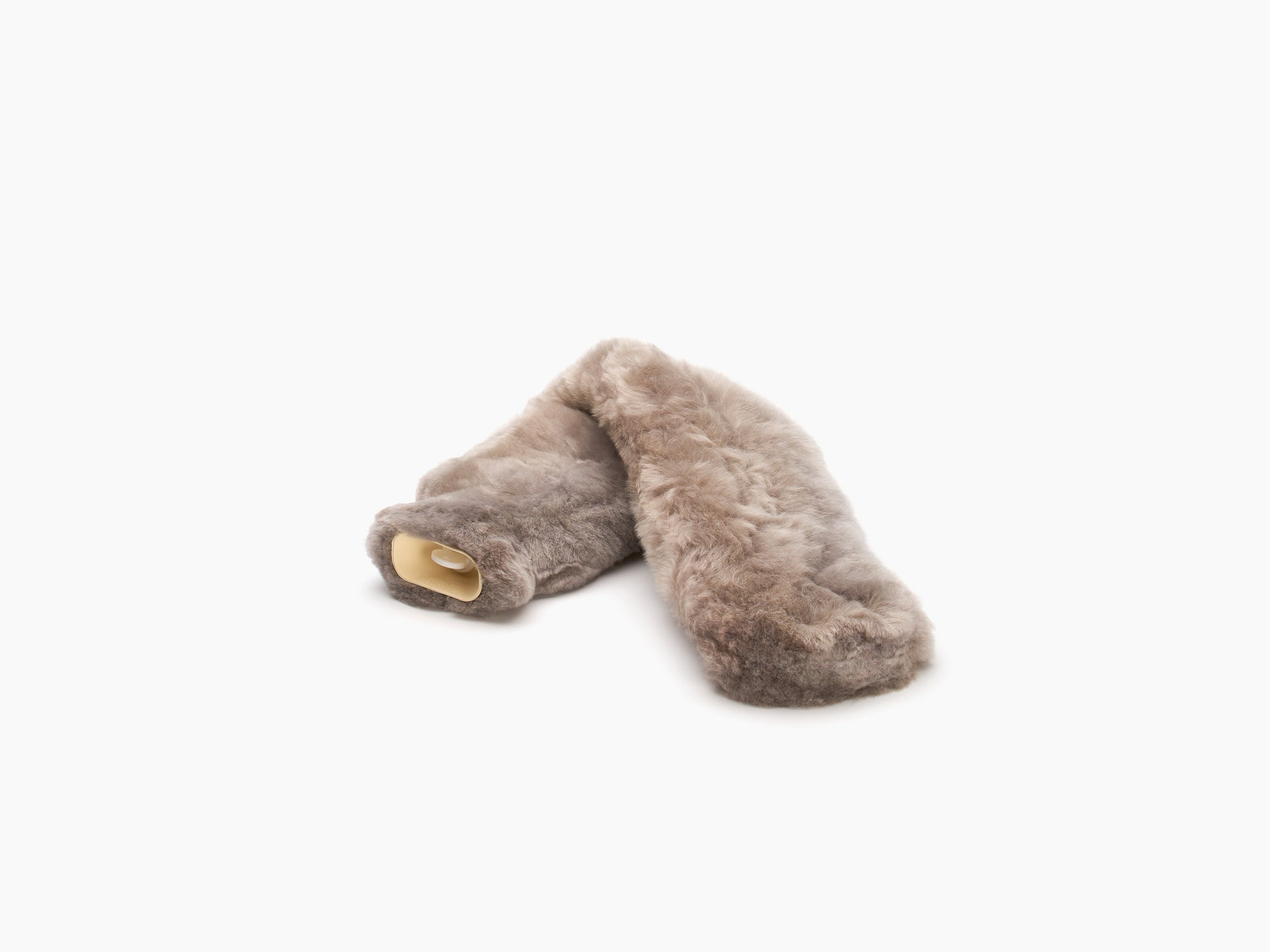 Taupe fluffy neck hot water bottle with alpaca fiber cover and beige cap on white background