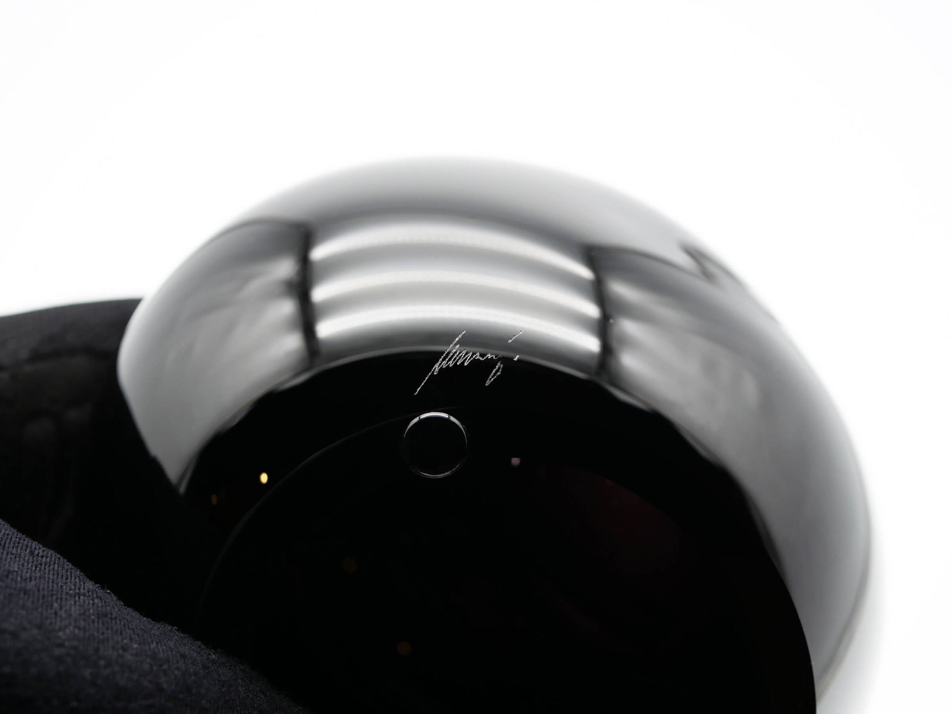 Vessel Small Obsidian Black close up with hand blown glass and artist signature on the base