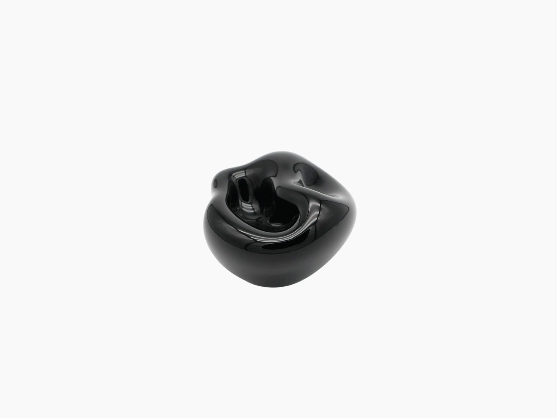 Vessel Small in obsidian black viewed from above, glossy hand-blown glass with a central hollow.