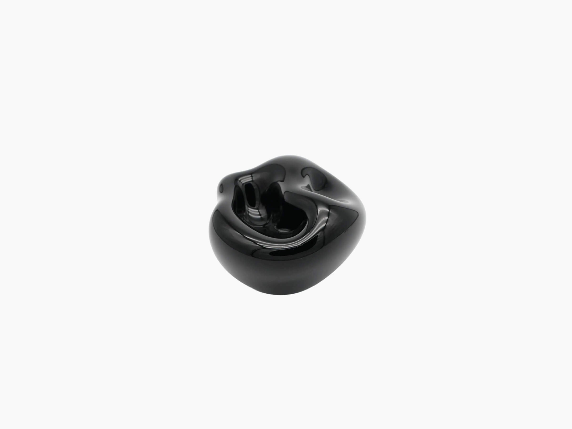Vessel Small in obsidian black viewed from above, glossy hand-blown glass with a central hollow.