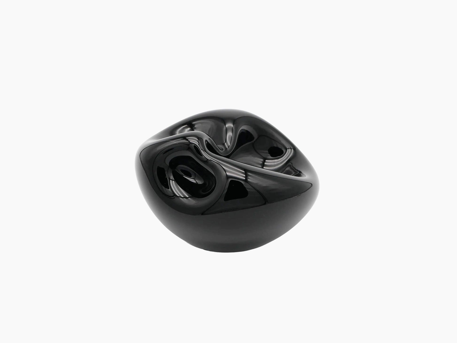 Hand-blown obsidian black glass vessel with a glossy sculptural form