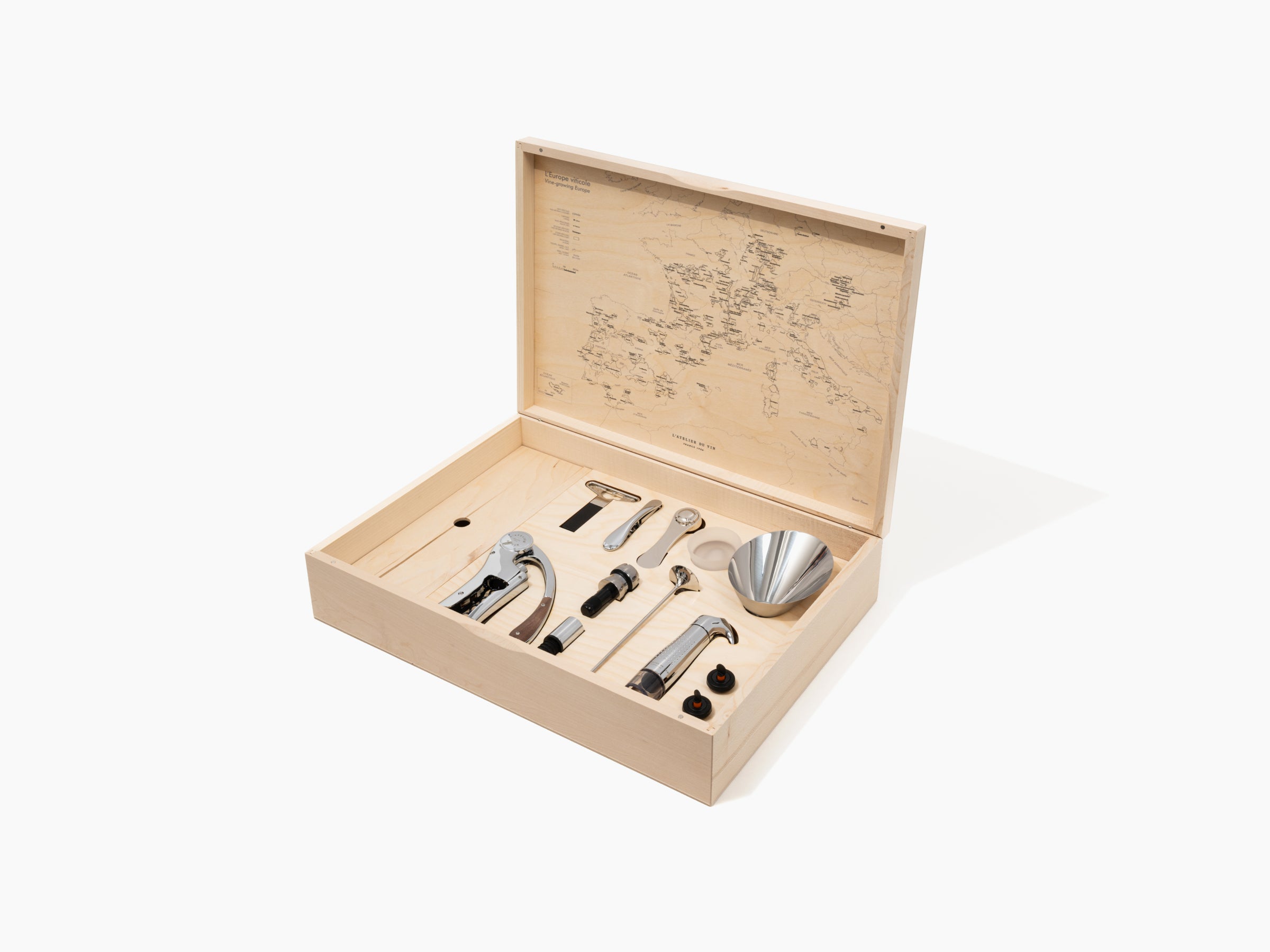 Open wooden box reveals a complete Oeno Box Connoisseur 1 wine tool set arranged in a natural wood tray
