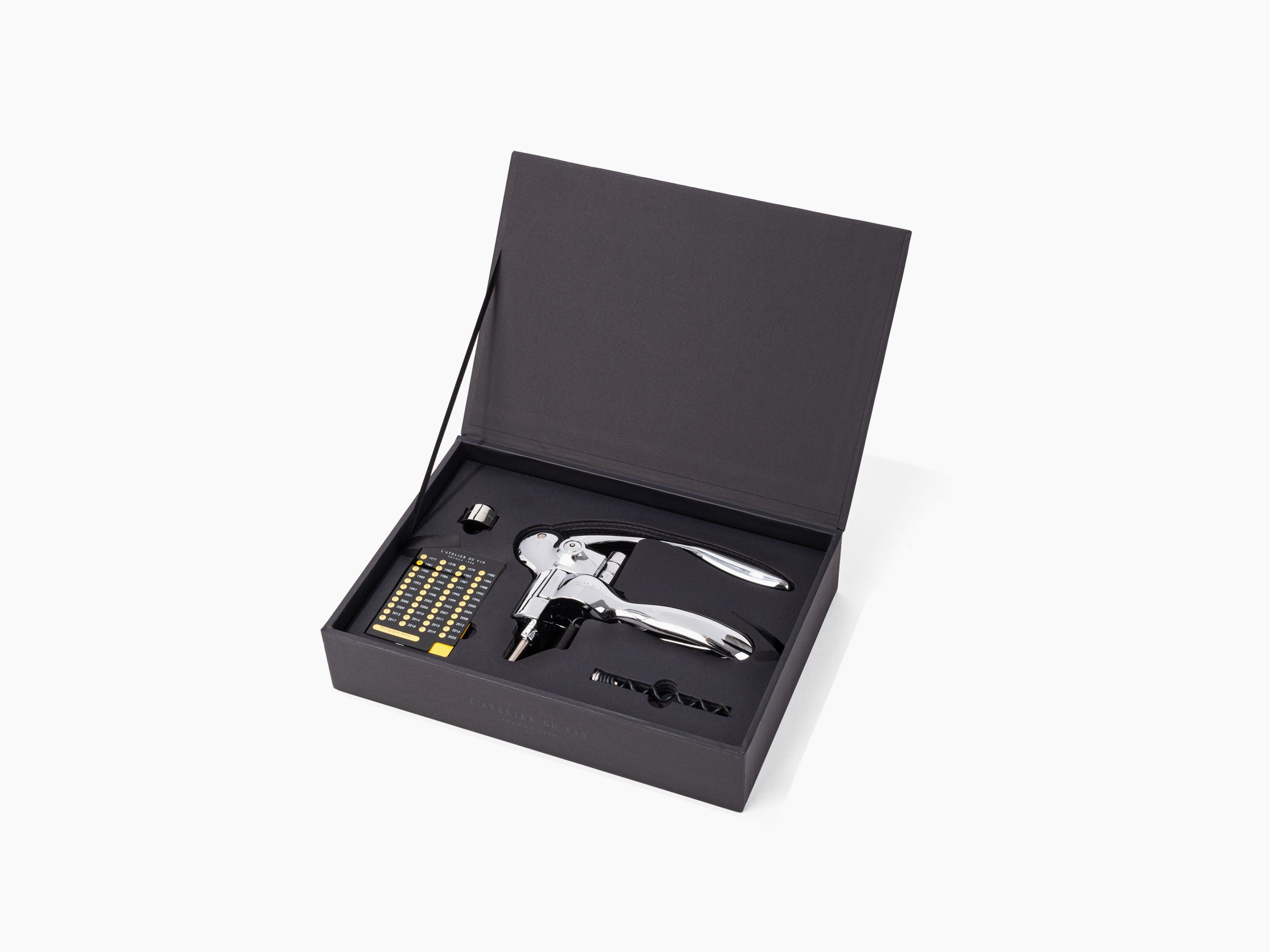 Oeno Box Sommelier corkscrew set in a black presentation box with lever corkscrew and accessories