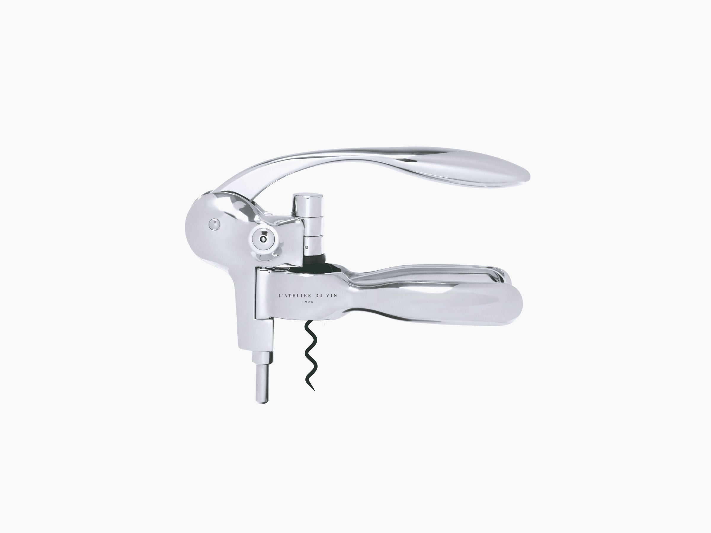 Close up of a polished chrome lever corkscrew against a white background