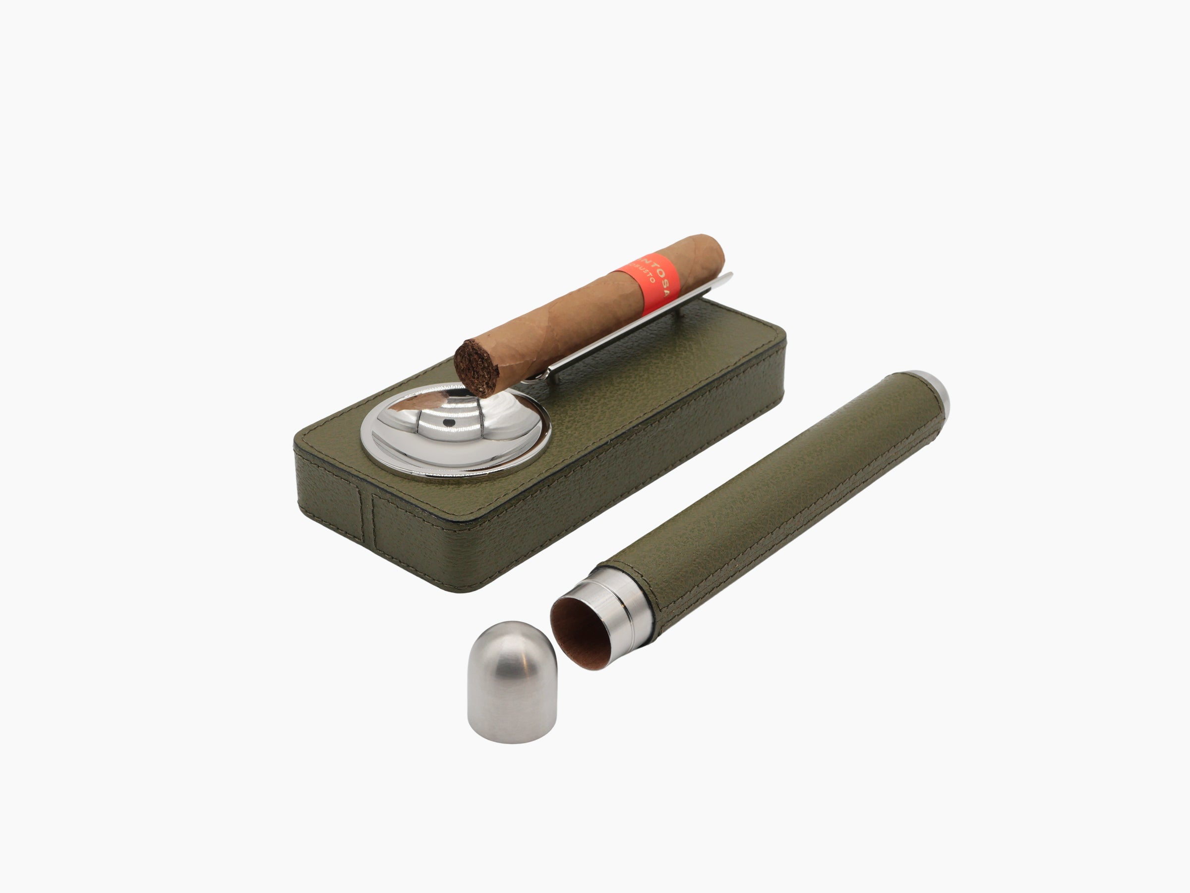 Pinar Cigar Ashtray with olive leather wrapped base and chrome basin holding a cigar