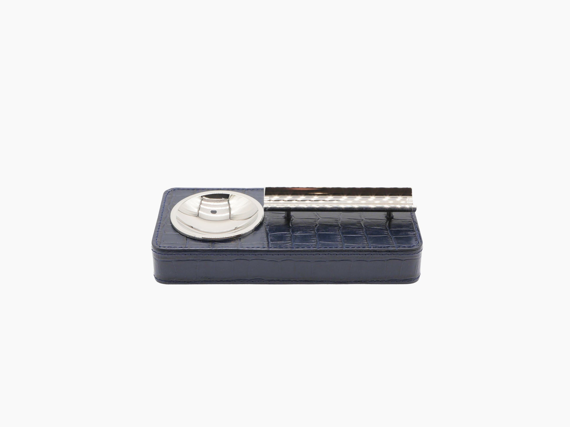 Pinar Cigar Ashtray with navy crocodile-embossed leather base and chrome bowl for ashes.