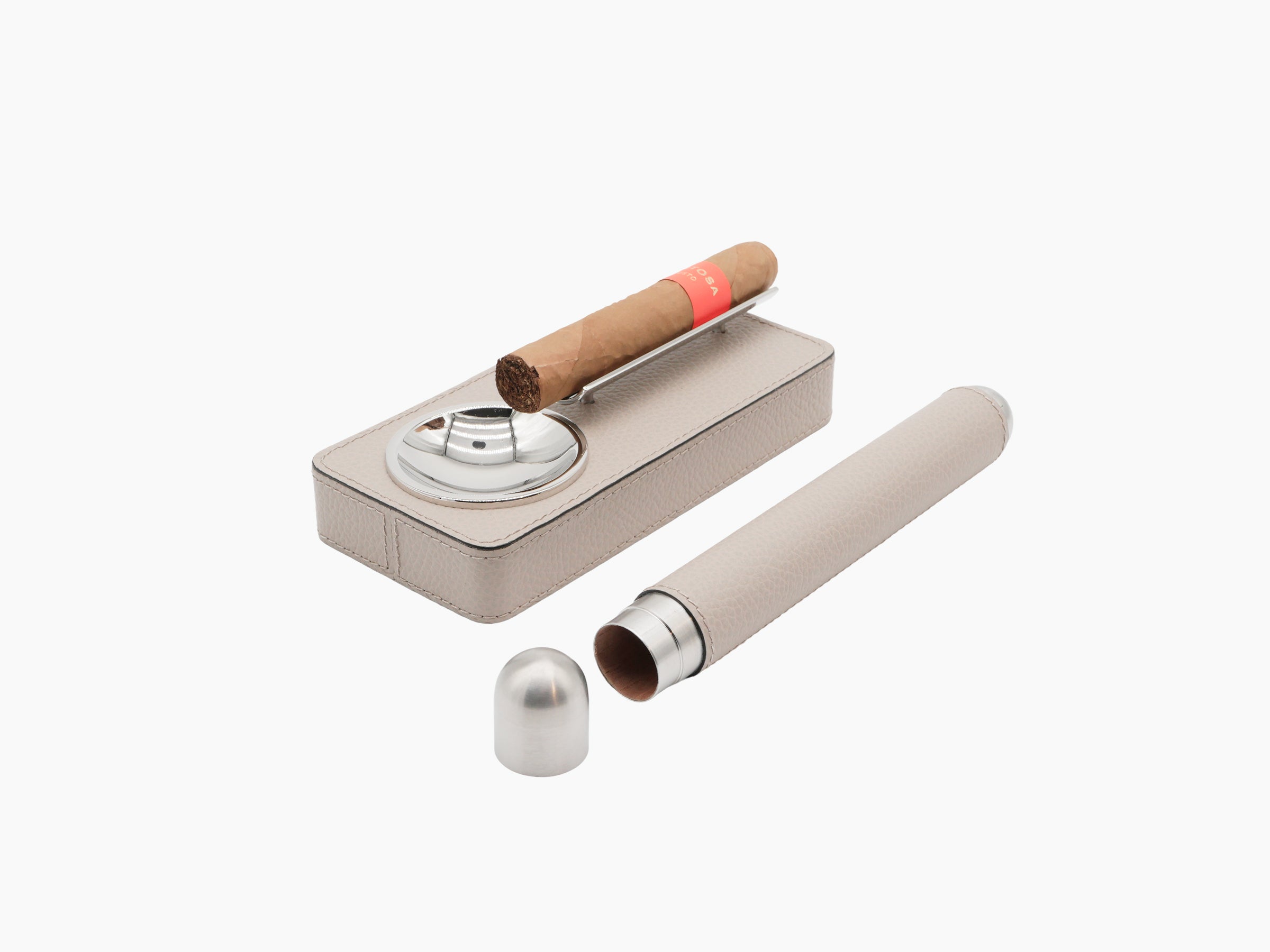 Pinar Cigar Ashtray beige leather with a matching cylindrical humidor beside it