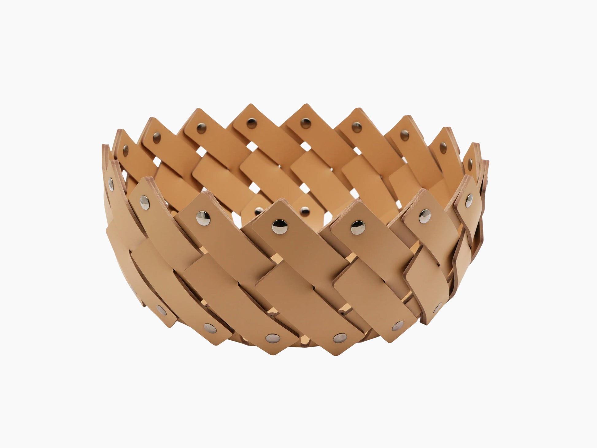 Round towel basket woven from tan leather strips with polished chrome fittings