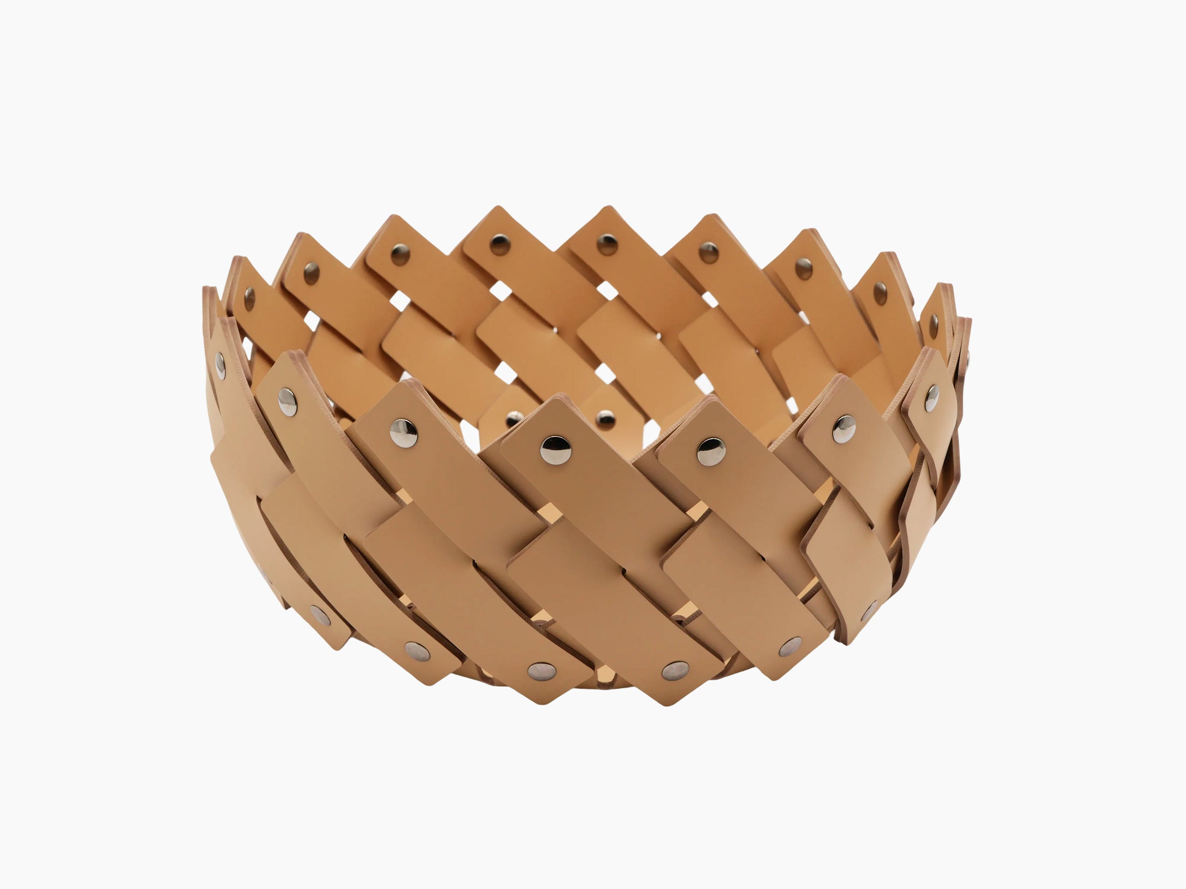 Round towel basket woven from tan leather strips with polished chrome fittings